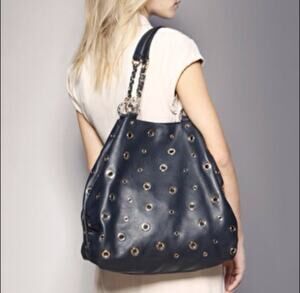 Reiss Navy Leather Grommet Bag